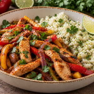 Kipreepjes fajita met smokey chilisaus & koriander-lime bloemkoolrijst