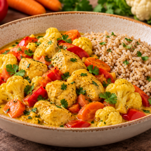 Kokoscurry met kip, bloemkool, paprika, wortel & volkorenrijst