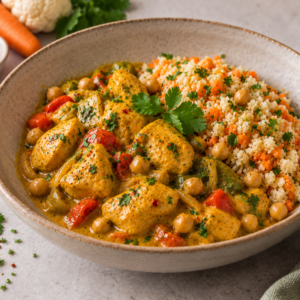 Kipfilet in een kruidige curry met bloemkool-wortelrijst & kikkererwten