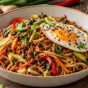 Noedels met Koreaans gehakt, spiegeleitje & Oosterse groentenmix
