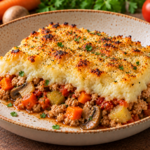 Ovenschotel met kipgehakt, tomaat, wortel, selder, champi & bloemkoolpuree