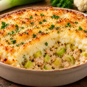 Ovenschotel parmentier met prei, kippengehakt & bloemkoolpuree