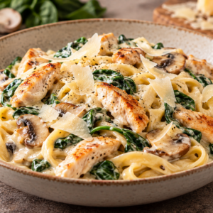 Pasta Alfredo Kip (romige Alfredo saus-spinazie-champignon-parmesan)