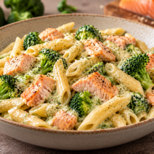Pasta zalm (penne-zalm-broccoliroomsaus-parmesan)