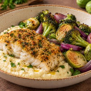 Rivierlotte met kruidenkorst, bloemkoolpuree, traybake van spruiten, broccoli & rode ui