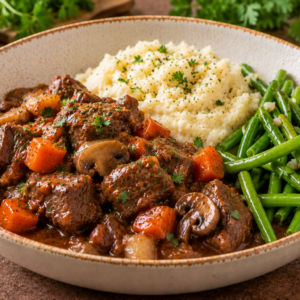 Rundsstoofvlees "Bourguignon" met knolselderpuree & groene boontjes