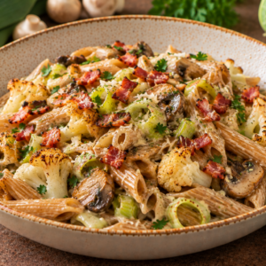 Volkorenpenne met preisaus, champignon, bloemkool uit de oven & kalkoenspek