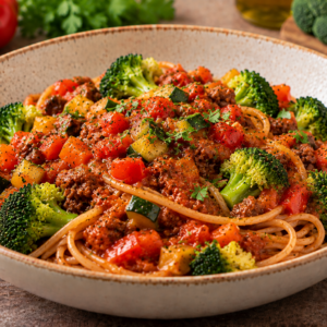 Volkorenspaghetti met een kruidige tomaten-groentensaus, rundsgehakt & broccoli