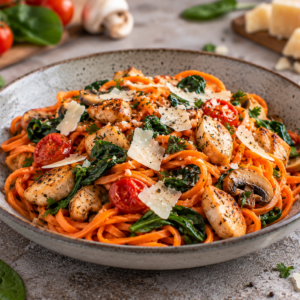 Wortelpasta met kip, spinazie, tomaat, champignon & parmesan