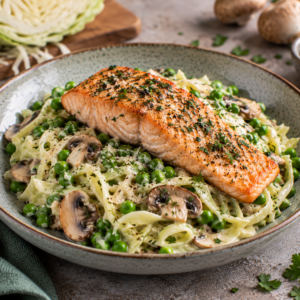 Ovenzalm met pasta Alfredo van witte kool, erwtjes, champignon & fijne kruiden