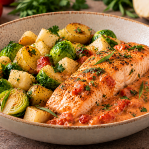 Zalm met getomateerde roomsaus & dragon, krieltjes, knolselder & spruitjes